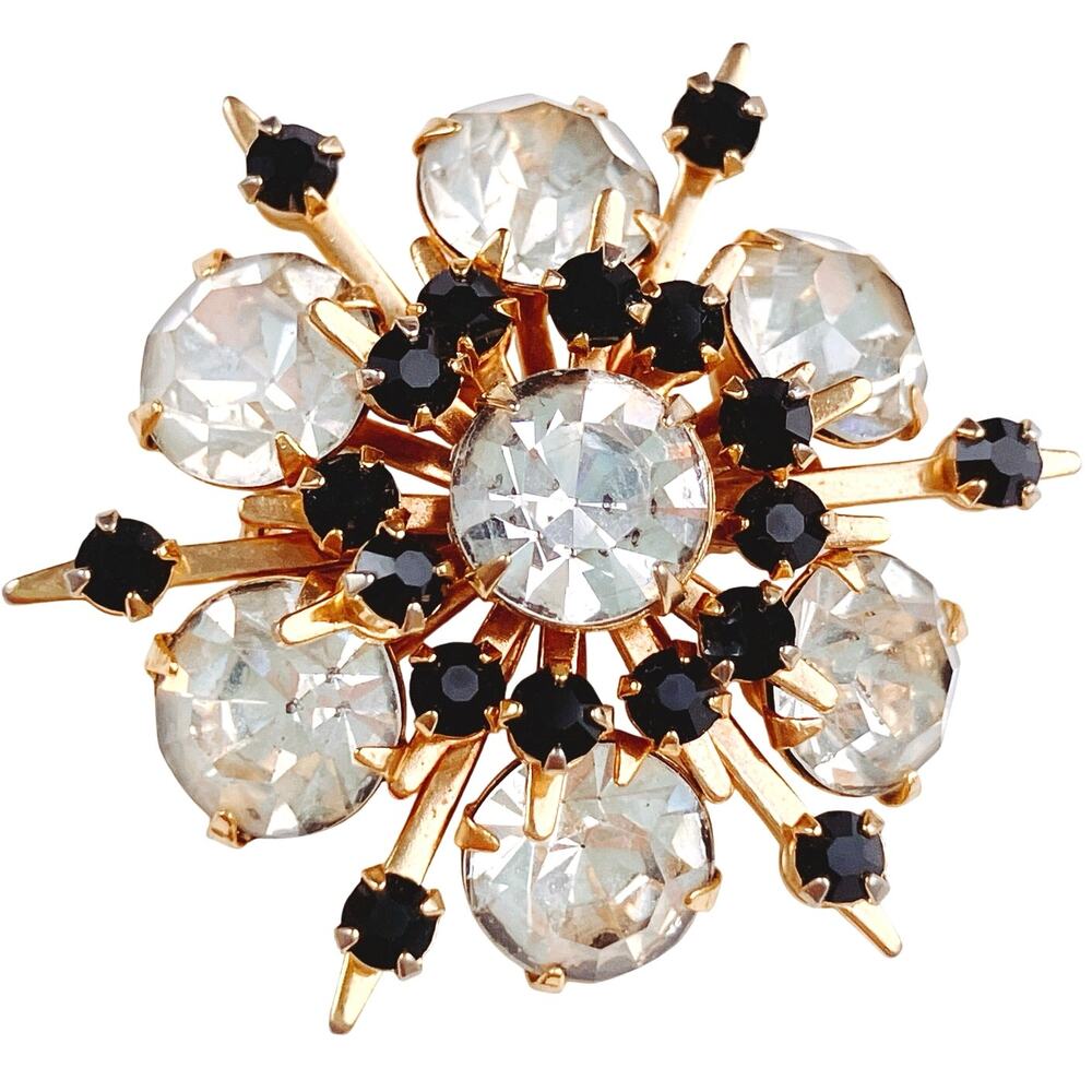 VTG Mid Century Starburst Brooch Gold Tone Jet Rhinestone Atomic Pin 1950s 1960s